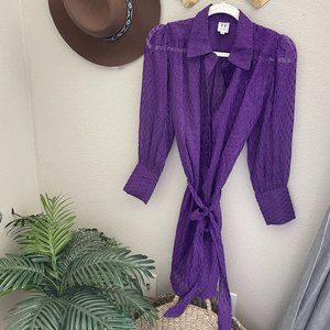 Halston Heritage Purple Swiss Dot Sheer Puff Sleeve Tie Waist Shirt Dress Tunic